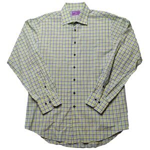 LORENZO UOMO Men 16 (34/35) Trim Fit Blue Yellow Green Plaid Cotton Shirt EUC